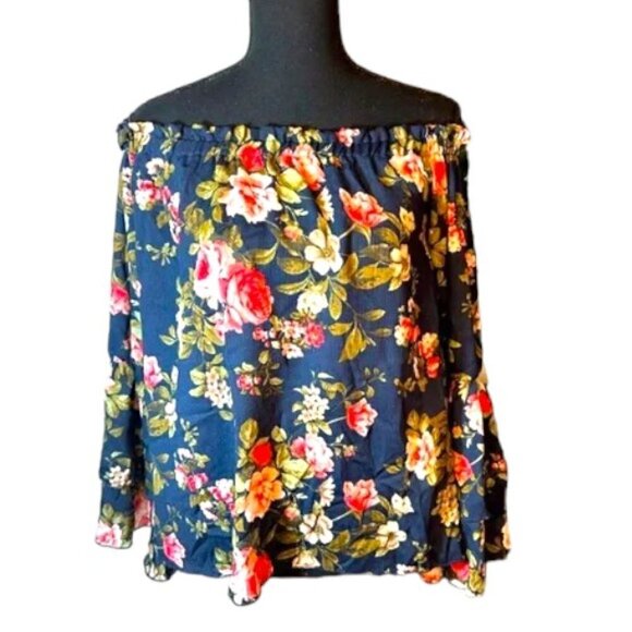 Eldridge Navy and Pink Floral Ruffle Sleeve Medium Shirt - Picture 1 of 12